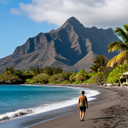 Caribbean Holidays, December Beaches, Traveller walking along a quiet black sand beach on Montserrat with clear blue water, tropical vegetation and dramatic volcanic scenery