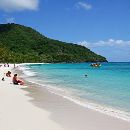 Caribbean Holidays, December Beaches, Visitors relaxing on a quiet sandy beach in Nevis, with clear water, green hills and a small boat offshore