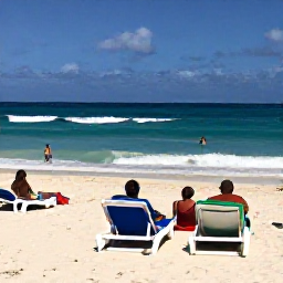 Caribbean Holidays, December Beaches, Visitors relaxing on Orient Bay Beach in Saint Martin, with sun loungers, gentle waves and a relaxed December holiday atmosphere
