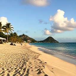 Caribbean Holidays, December Beaches, Wide sandy beach on Saint Vincent and the Grenadines in warm December sunshine, calm turquoise sea, palm trees and a few relaxed holidaymakers