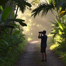 Caribbean Holidays, December Birdwatching, A birdwatcher with binoculars beside a quiet forest trail in the Dominican Republic at dawn, tropical vegetation and soft morning light