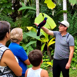 Caribbean Holidays, December Birdwatching, A friendly local bird guide pointing towards a colourful bird in Caribbean rainforest while travellers watch quietly