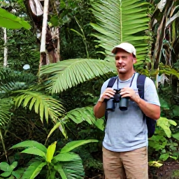 Caribbean Holidays, December Birdwatching, A guided birdwatching walk through lush rainforest on Saint Vincent with binoculars and tropical foliage