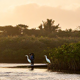 Caribbean Holidays, December Birdwatching, A quiet mangrove lagoon in Antigua at sunrise, with a birder using binoculars and white egrets among the reeds