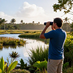 Caribbean Holidays, December Birdwatching, Birdwatcher using binoculars beside a quiet Caribbean wetland on Saint Martin in December, with tropical vegetation and bright morning light