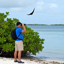 Caribbean Holidays, December Birdwatching, Birdwatcher using binoculars beside mangroves and calm blue water on St Croix
