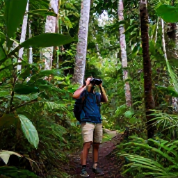 Caribbean Holidays, December Birdwatching, Birdwatcher using binoculars on a forest trail in Dominica, surrounded by lush rainforest and tall volcanic trees