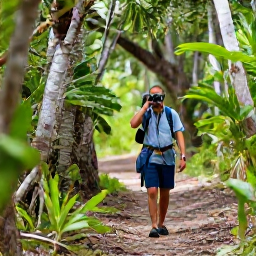 Caribbean Holidays, December Birdwatching, Birdwatcher with binoculars walking a quiet nature trail through dry tropical woodland on Virgin Gorda