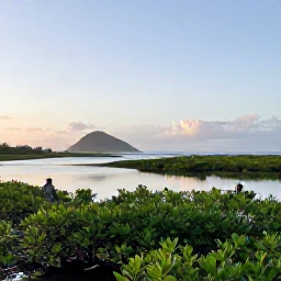 Caribbean Holidays, December Birdwatching, Birdwatchers exploring a quiet Caribbean wetland at sunrise, with mangroves, calm water and distant hills