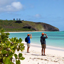 Caribbean Holidays, December Birdwatching, Birdwatchers scanning coastal mangroves and green hills on a sunny Caribbean island in December