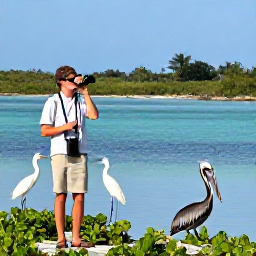 Caribbean Holidays, December Birdwatching, Birdwatchers with binoculars beside a quiet salt pond on Grand Turk, with white egrets and brown pelicans nearby