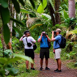 Caribbean Holidays, December Birdwatching, Birdwatchers with binoculars on a quiet forest trail in the Main Ridge Forest Reserve, Tobago, surrounded by lush tropical vegetation