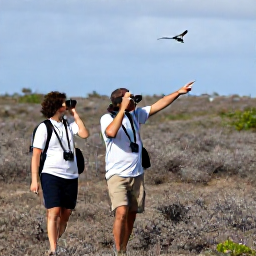 Caribbean Holidays, December Birdwatching, Birdwatchers with binoculars walking through dry Caribbean scrub on Saint Barth&eacute;lemy, with a guide pointing towards a bird
