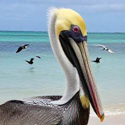 Caribbean Holidays, December Birdwatching, Close-up view of a brown pelican and seabirds along a calm Caribbean shoreline in Saint Kitts and Nevis