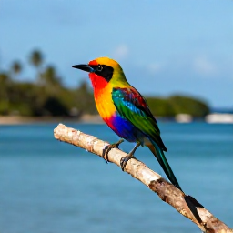 Caribbean Holidays, December Birdwatching, Colourful Caribbean bird perched on a branch beside a calm blue bay on Tortola