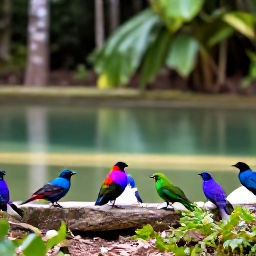 Caribbean Holidays, December Birdwatching, Colourful tropical birds and a guided birdwatching group beside a shaded forest pool in Trinidad