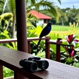 Caribbean Holidays, December Birdwatching, Comfortable Caribbean eco-lodge surrounded by lush vegetation, with binoculars resting on a wooden verandah
