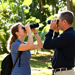 Caribbean Holidays, December Birdwatching, Friendly birdwatching guide with binoculars leading visitors through a sunny Saint Kitts nature reserve