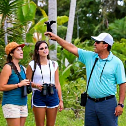 Caribbean Holidays, December Birdwatching, Friendly local birdwatching guide pointing towards a bird in a Dominican Republic nature reserve, travellers carrying binoculars