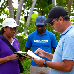 Caribbean Holidays, December Birdwatching, Friendly local birdwatching guide showing a field guide to visitors on a Caribbean nature trail in December