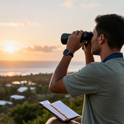 Caribbean Holidays, December Birdwatching, Friendly travel agent style birdwatching holiday scene with binoculars, notebook and Caribbean landscape at sunrise