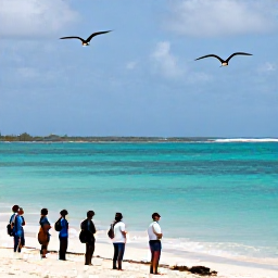 Caribbean Holidays, December Birdwatching, Frigatebirds gliding above Barbuda&rsquo;s turquoise lagoon, with a small guided birdwatching group observing from the shore