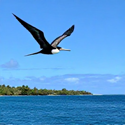 Caribbean Holidays, December Birdwatching, Magnificent frigatebird and brown pelican flying above a calm Saint Barth&eacute;lemy bay in clear December sunshine