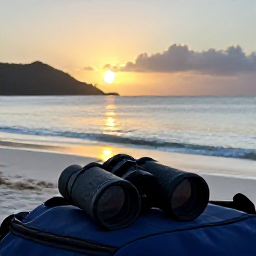 Caribbean Holidays, December Birdwatching, Peaceful Caribbean beach at sunrise with a pair of binoculars resting on a travel bag in the British Virgin Islands