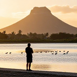 Caribbean Holidays, December Birdwatching, Peaceful salt pond on Sint Maarten with a birdwatcher observing wading birds at sunrise, tropical hills beyond
