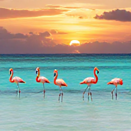 Caribbean Holidays, December Birdwatching, Pink flamingos wading through shallow turquoise water at sunset in the Turks and Caicos Islands