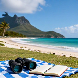 Caribbean Holidays, December Birdwatching, Relaxed birdwatching picnic beside a scenic Saint Barth&eacute;lemy beach, with binoculars, notebook and tropical landscape