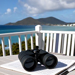 Caribbean Holidays, December Birdwatching, Relaxed Caribbean hotel terrace with binoculars, field guide and view across the United States Virgin Islands