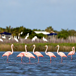 Caribbean Holidays, December Birdwatching, Roseate spoonbills, flamingos and herons in a sunlit wetland on Grand Turk, Turks and Caicos Islands