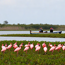 Caribbean Holidays, December Birdwatching, Scarlet ibis flock gathering in the mangrove wetlands of Caroni Swamp, Trinidad, with a small boat carrying birdwatchers