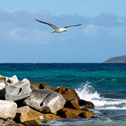 Caribbean Holidays, December Birdwatching, Seabirds flying above rocky coastline and turquoise sea near St Thomas, United States Virgin Islands