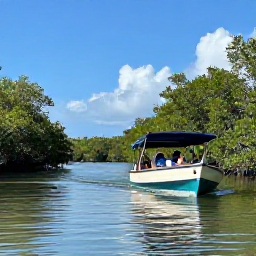 Caribbean Holidays, December Birdwatching, Small guided birdwatching boat moving through calm mangrove channels in the Turks and Caicos Islands