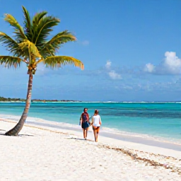 Caribbean Holidays, December Business Class, A beautiful Caribbean beach in December with calm turquoise water, soft white sand, palm trees and a couple strolling beside the sea