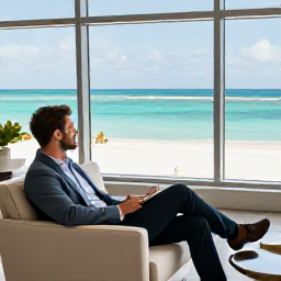 Caribbean Holidays, December Business Class, A business class traveller relaxing in a modern airport lounge before flying to the turquoise waters of Turks and Caicos Islands