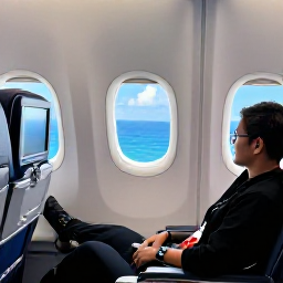Caribbean Holidays, December Business Class, Business class passenger relaxing in a comfortable aircraft seat while flying towards the sunny United States Virgin Islands