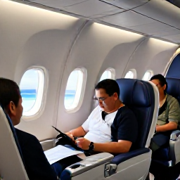 Caribbean Holidays, December Business Class, Business class passengers relaxing in comfortable airline seats with spacious legroom, a tropical Caribbean island visible through the aircraft window