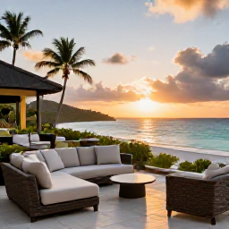 Caribbean Holidays, December Business Class, Elegant beachfront resort terrace in the United States Virgin Islands at sunset, with comfortable seating and tropical surroundings