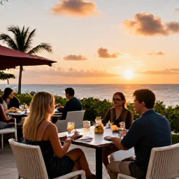 Caribbean Holidays, December Business Class, Elegant Caribbean resort terrace at sunset with comfortable dining, ocean views and guests enjoying an unhurried evening