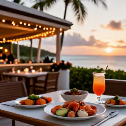 Caribbean Holidays, December Business Class, Elegant Caribbean restaurant terrace in Providenciales at sunset, with fresh seafood, tropical drinks and festive December atmosphere