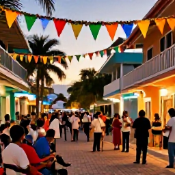 Caribbean Holidays, December Business Class, Festive Caribbean street scene with colourful decorations, local musicians, warm evening light and visitors enjoying a relaxed December celebration