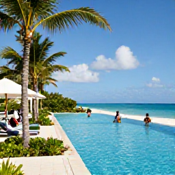 Caribbean Holidays, December Business Class, Luxurious beachfront resort in Turks and Caicos Islands with palm trees, infinity pool and guests enjoying a sunny December afternoon