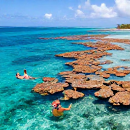 Caribbean Holidays, December Business Class, Snorkellers exploring a colourful coral reef in clear shallow water near Providenciales, Turks and Caicos Islands