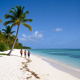 Caribbean Holidays, December Caribbean, Golden Caribbean beach in Tobago with calm turquoise water, palm trees and a couple walking along the shoreline