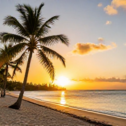 Caribbean Holidays, December Caribbean, Relaxed Tobago sunset over a palm-fringed beach with warm golden light and calm Caribbean sea