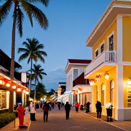 Caribbean Holidays, December Caribbean Tours, A colourful Caribbean town decorated for Christmas, with local people, lanterns, palm trees and historic buildings