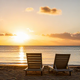 Caribbean Holidays, December Caribbean Tours, A relaxed Caribbean beach at sunset in December with two empty loungers, calm sea and warm golden light